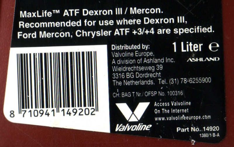 Valvoline Maxlife
Die alte Valvoline MaxLife-ATF-Flasche auf er noch ATF +3/+4 vermerkt ist
Schlüsselwörter: valvoline maxlife