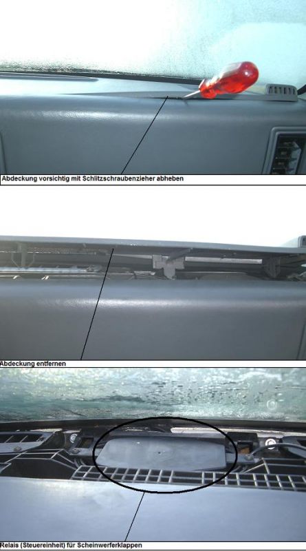 Relais fuer den Klappenmotor (1987 - 1989)
Fuer die Modelle (1987 - 1989) sitzt das Relais hinter dem Info-Center. Zu erreichen von oben, in dem man die Amaturenbrett-Verkleidung unterhalb der Windschutz-Scheibe abhebelt. Das Relais selbst ist mit 2 Schrauben am Rahmen befestigt. Winkel-Schrauben-Dreher ist hilfreich. 
