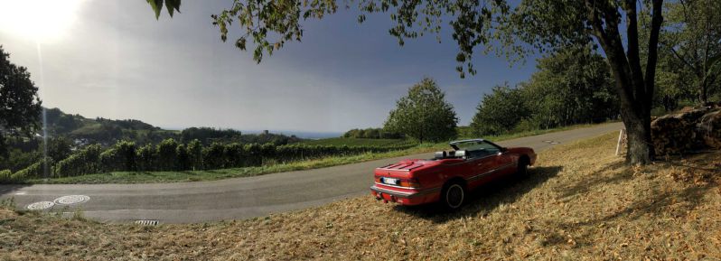In Lauf in Baden mit Burg Neu-Windeck in der Ferne die Vogesen
